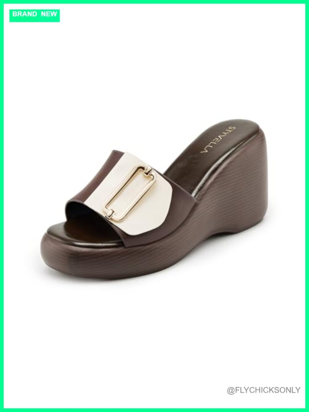 Women's Platform Wedge Sandals Faux Leather Open Toe Slides with Gold Buckle